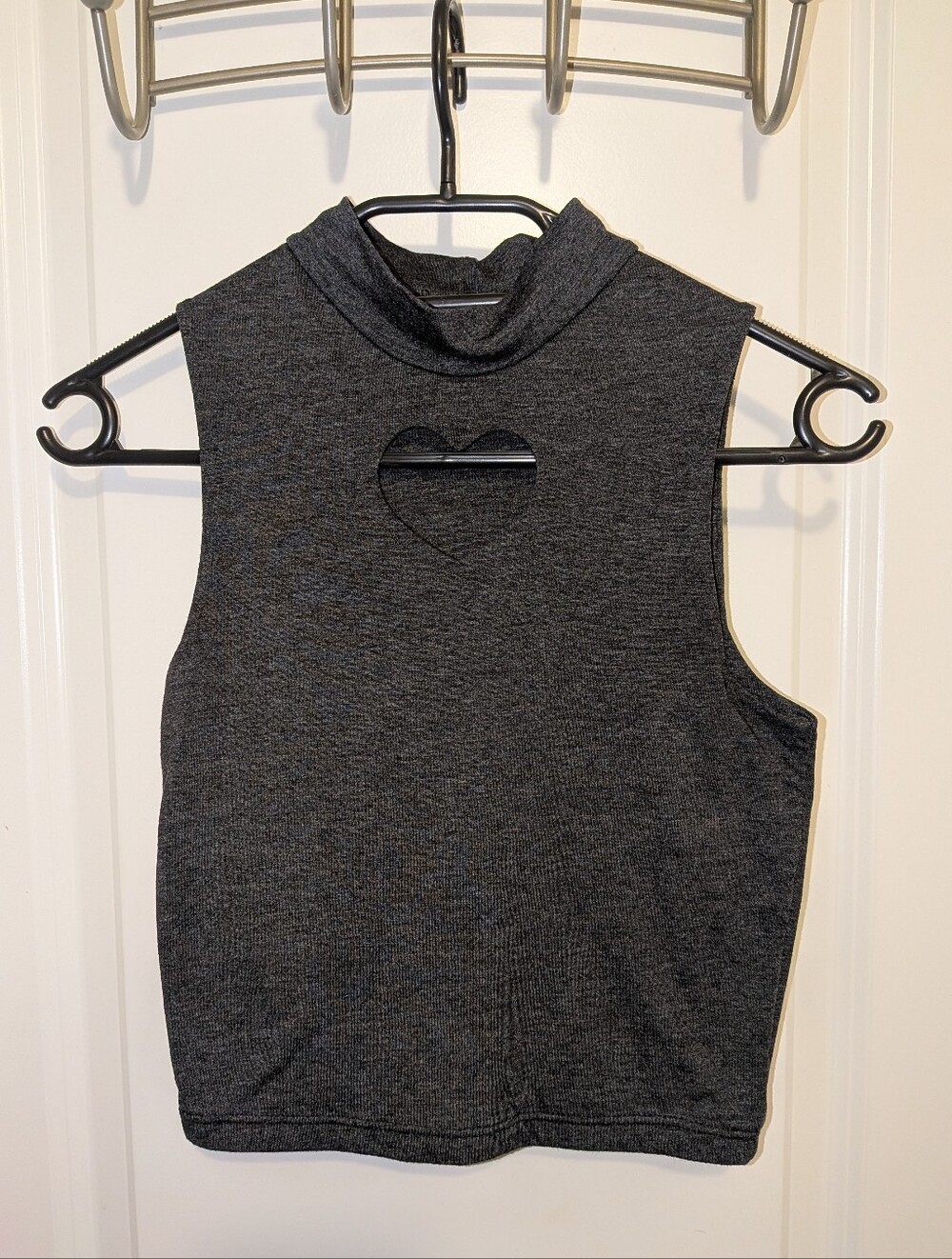 Mock Neck Sleeveless Tank with Heart Cutout - Charcoal